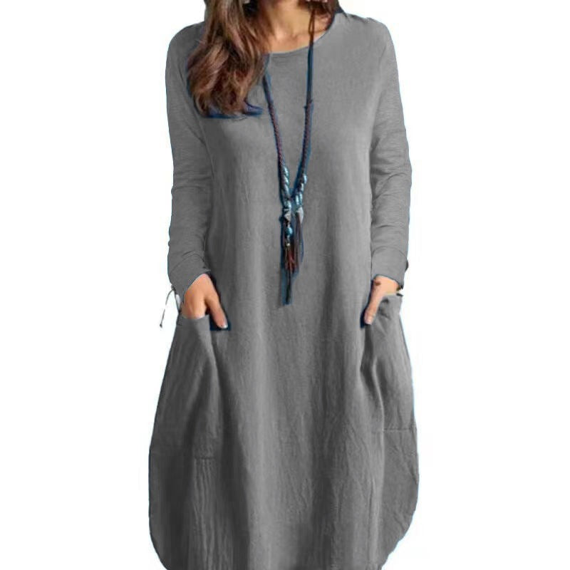 Damen Langes A‑Linien Leinenoptik Kleid mit Eingrifftaschen und Rundhalsausschnitt Shop Nory