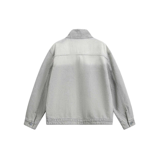 Unisex Boxy-Jeansblouson mit asymmetrischer Druckknopfblende und hohem Stehkragen Shop Nory