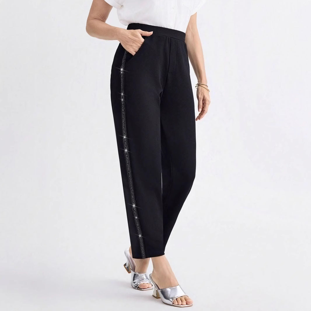 Damen Elegante gerade geschnittene Stoffhose mit elastischem Bund und seitlichem Glitzerbesatz Shop Nory