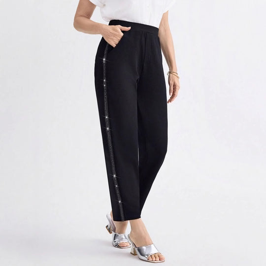 Damen Elegante gerade geschnittene Stoffhose mit elastischem Bund und seitlichem Glitzerbesatz Shop Nory