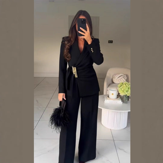 Damen Taillierter Wickel-Blazer mit Zier-Metallschließe & High‑Waist Palazzo‑Hose Shop Nory