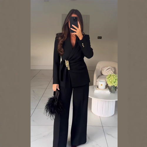 Damen Taillierter Wickel-Blazer mit Zier-Metallschließe & High‑Waist Palazzo‑Hose Shop Nory