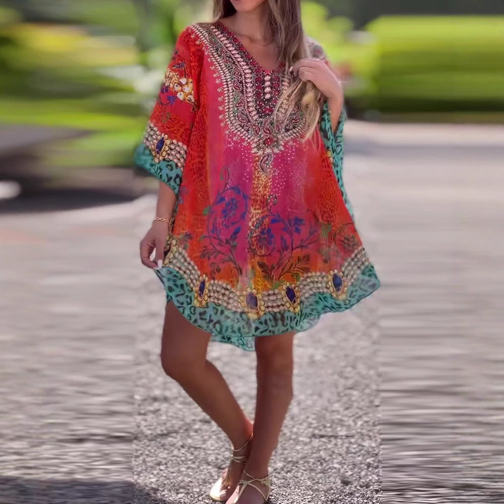 Damen nan kurzes Tunika-Kaftan mit verziertem V-Ausschnitt und floral-animalischer Bordüre