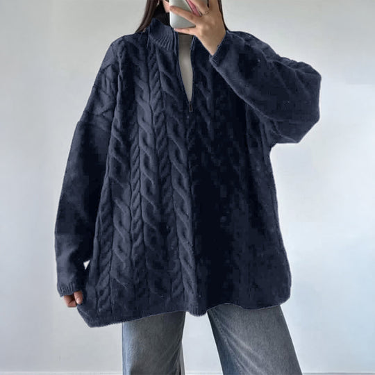 Damen nan oversized Zopfmuster-Troyer mit halbem Reißverschluss, hohem Stehkragen und gerundetem Saum Shop Nory