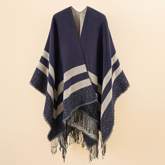 Damen Oversize-Ruana aus Wollmix mit kontrastierten Querstreifen und Fransensaum Shop Nory