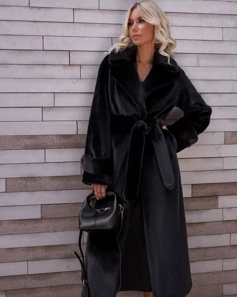Damen Eleganter Maxi-Wollmantel mit Taillengürtel, breitem Revers und krempelbaren Manschetten Shop Nory