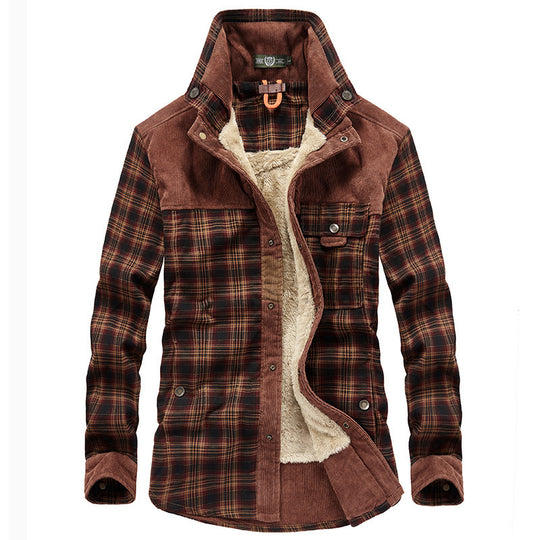 Herren karierte Hemdjacke mit Teddyfutter, Cordbesatz und hohem Stehkragen Shop Nory