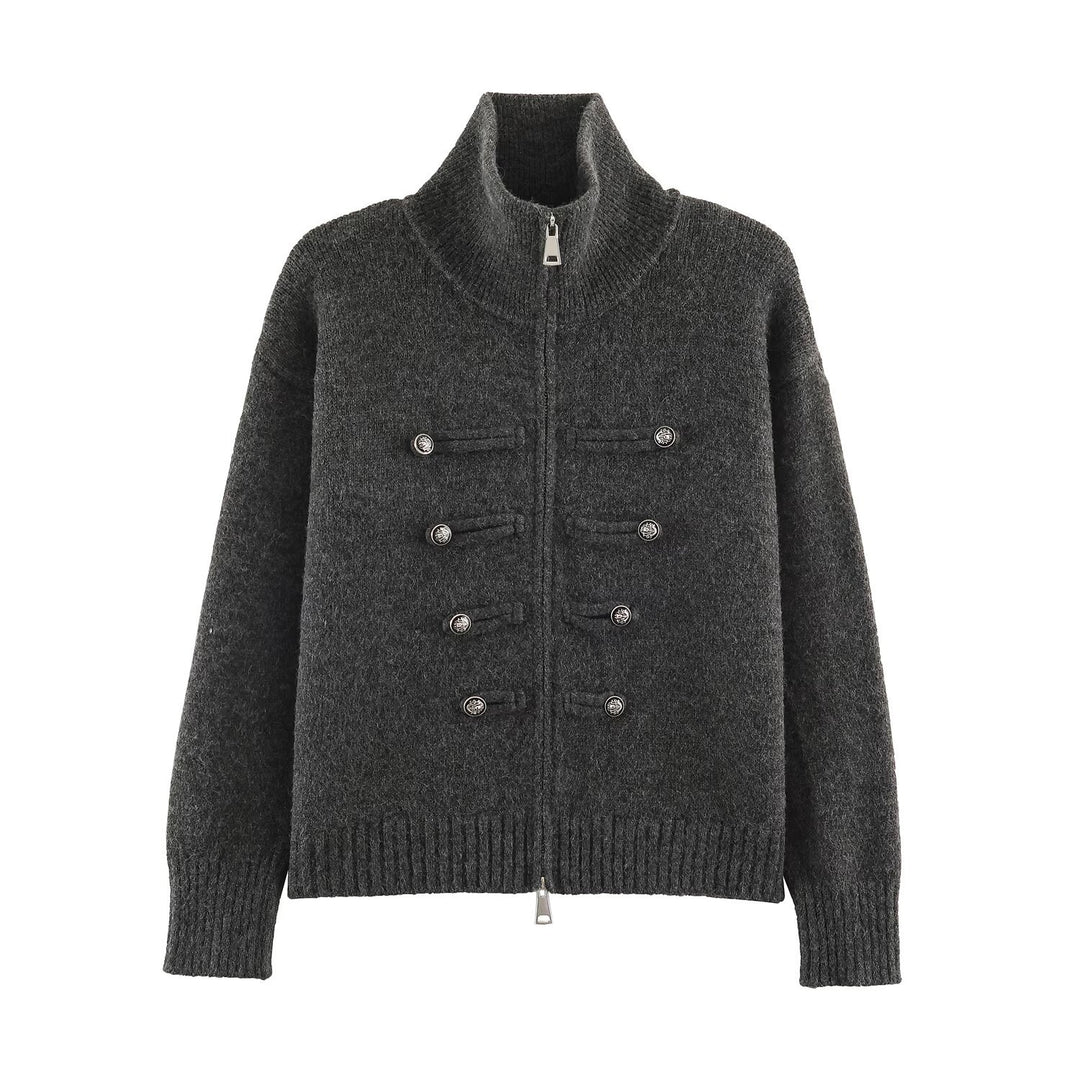 Damen Strickjacke mit Reißverschluss, hohem Stehkragen und dekorativen Zierknopfleisten Shop Nory