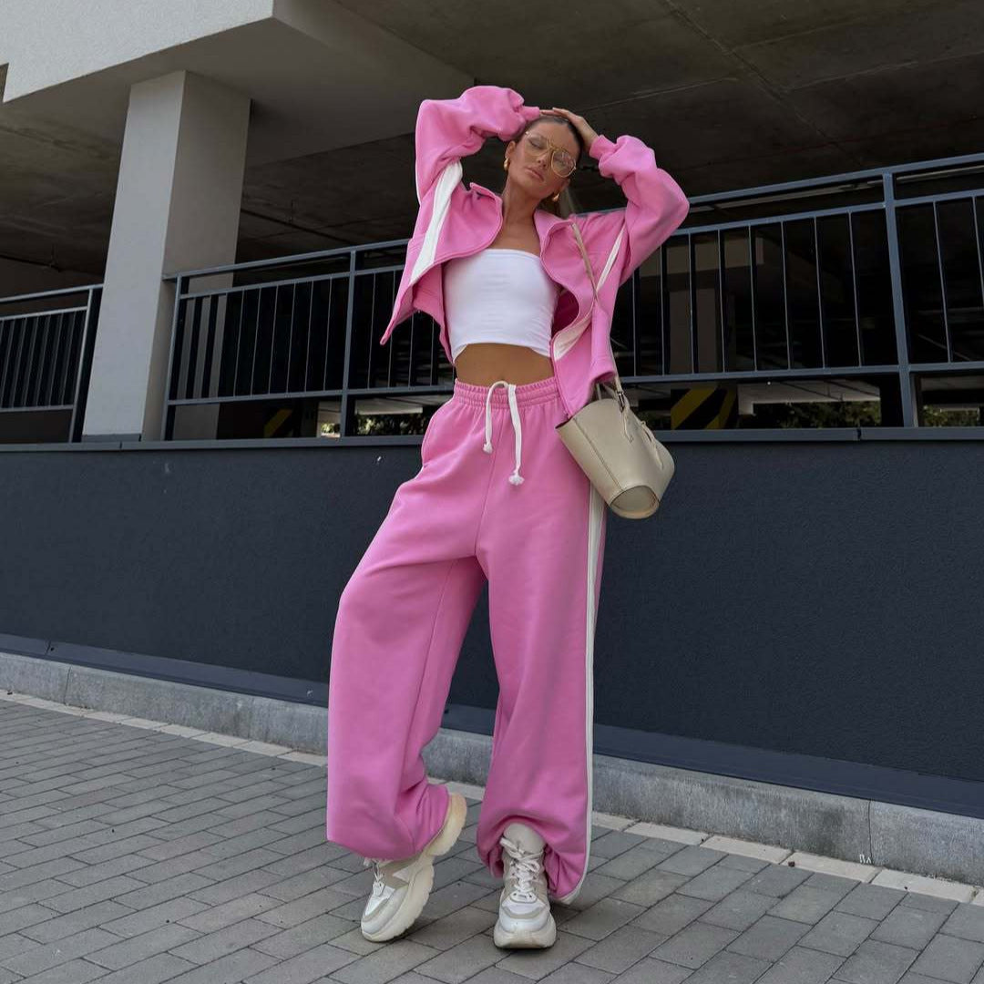 Damen Zweiteiliges Oversized Windbreaker-Set mit Kontraststreifen, Elastischem Saum und Tunnelzughose Shop Nory