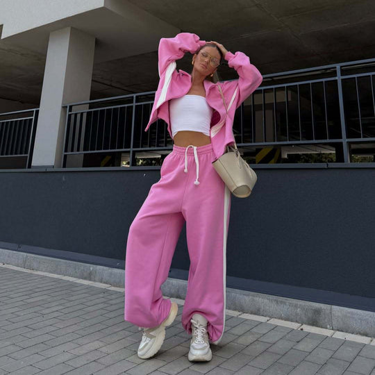 Damen Zweiteiliges Oversized Windbreaker-Set mit Kontraststreifen, Elastischem Saum und Tunnelzughose Shop Nory