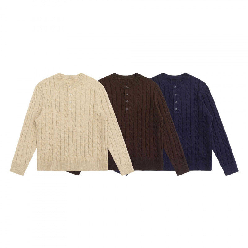 Unisex Grobgestrickter Henley-Pullover mit Zopfmuster und halber Knopfleiste Shop Nory