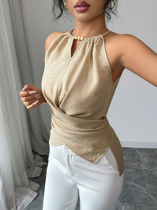 Damen Ärmelloses Twist-Halstops mit Holzperlen und asymmetrischem Saum Shop Nory