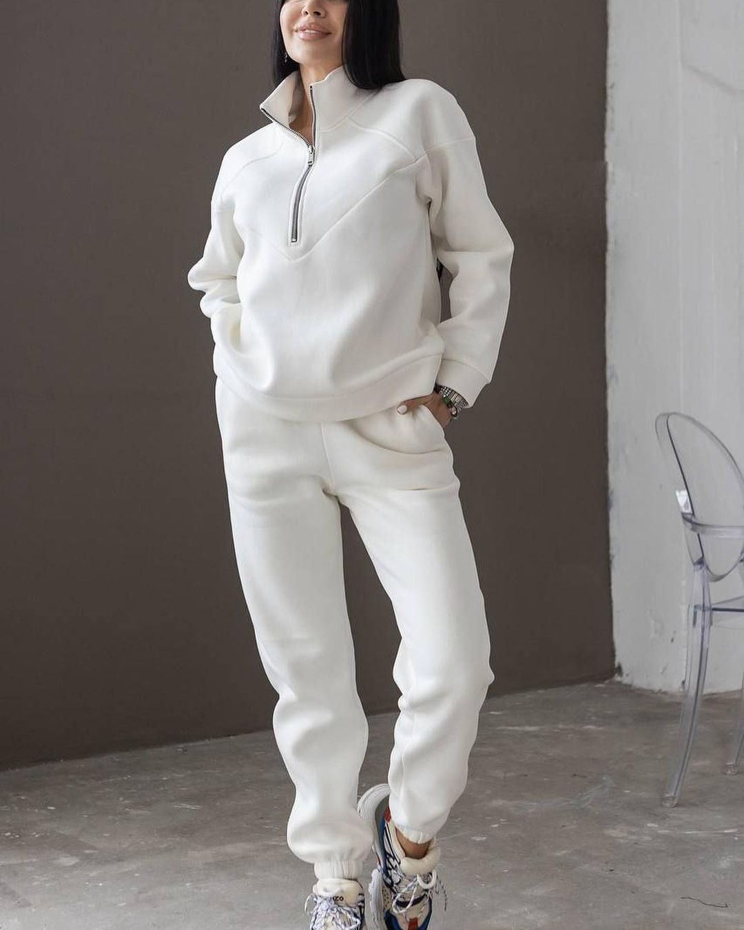 Damen Zweiteiliges Sweat-Loungewear-Set mit Troyer-Reißverschluss und elastischer Jogginghose Shop Nory