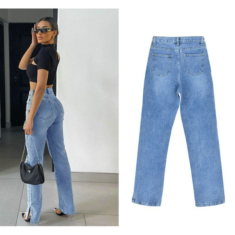 Damen lässige Ripped Jeans mit hoher Taille und modernen Fransen