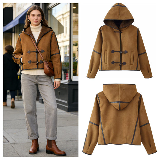 Damen Kurze Kapuzen-Lammfellimitat-Dufflejacke mit Knebelverschlüssen Shop Nory