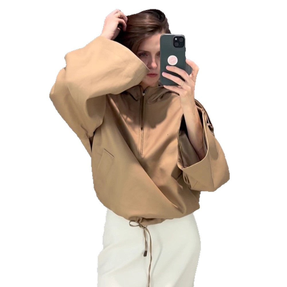 Damen Oversize Kapuzenpullover mit halbem Reißverschluss, Ballonärmeln & Tunnelzug Shop Nory