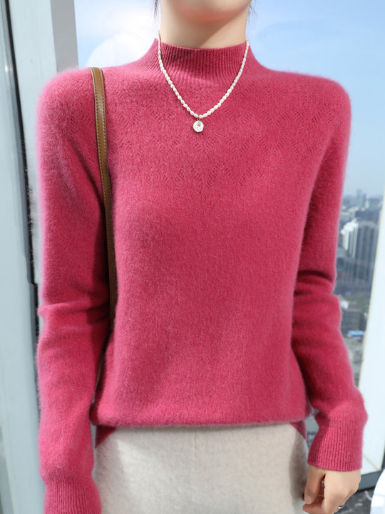 Damen Schlanker minimalistischer Stehkragen-Feinstrickpullover mit geripptem Hals Shop Nory