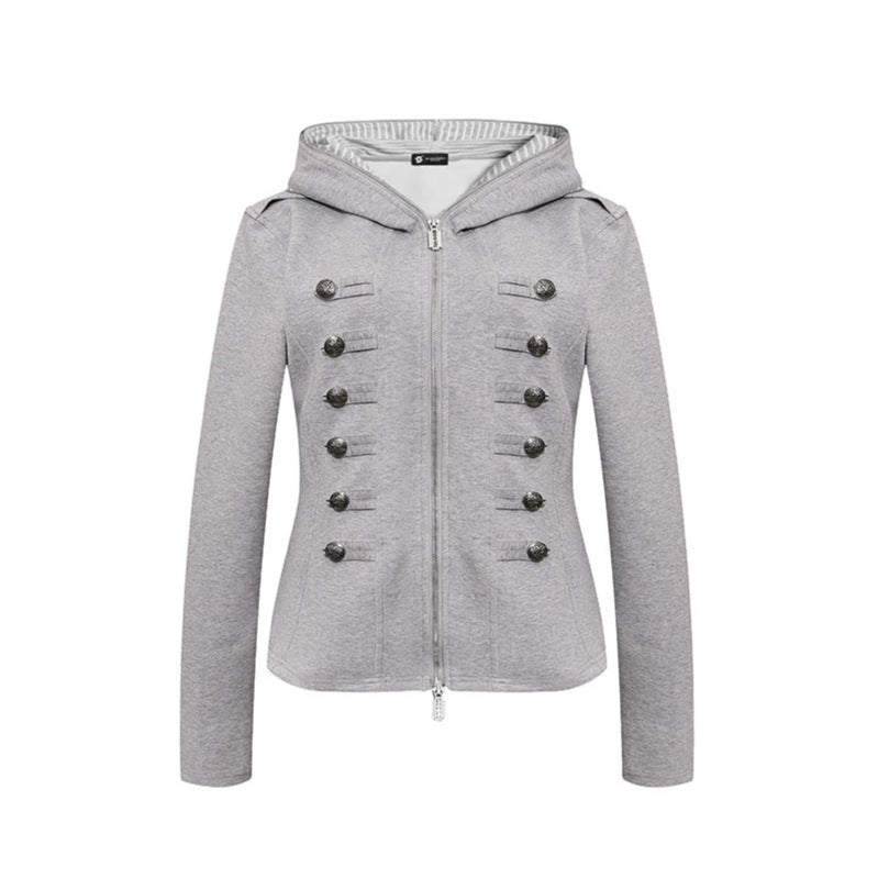 Damen taillierte Kapuzen‑Sweatjacke mit dekorischer Doppelreihe und Metallknöpfen Shop Nory