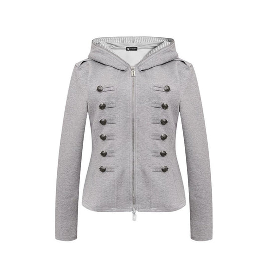 Damen taillierte Kapuzen‑Sweatjacke mit dekorischer Doppelreihe und Metallknöpfen Shop Nory