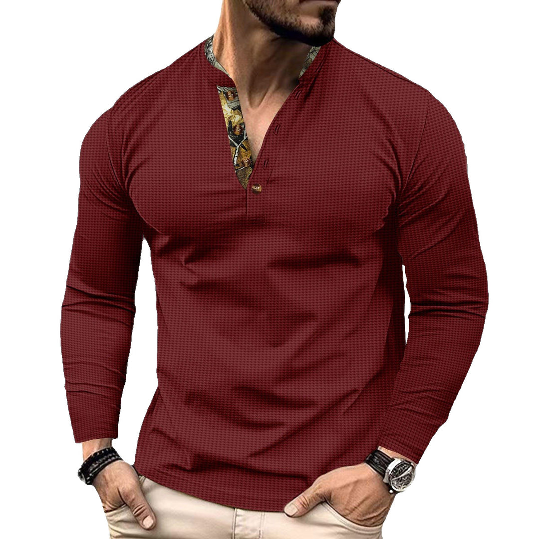 Herren nan langärmeliges Henley-Shirt mit Stehkragen und gemustertem Knopfleistenbesatz Shop Nory