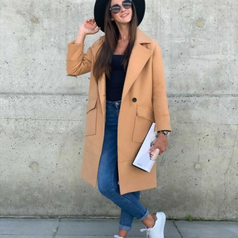 Damen Midilanger Wollmix Mantel im Clean-Cut mit Reverskragen und aufgesetzten Taschen Shop Nory