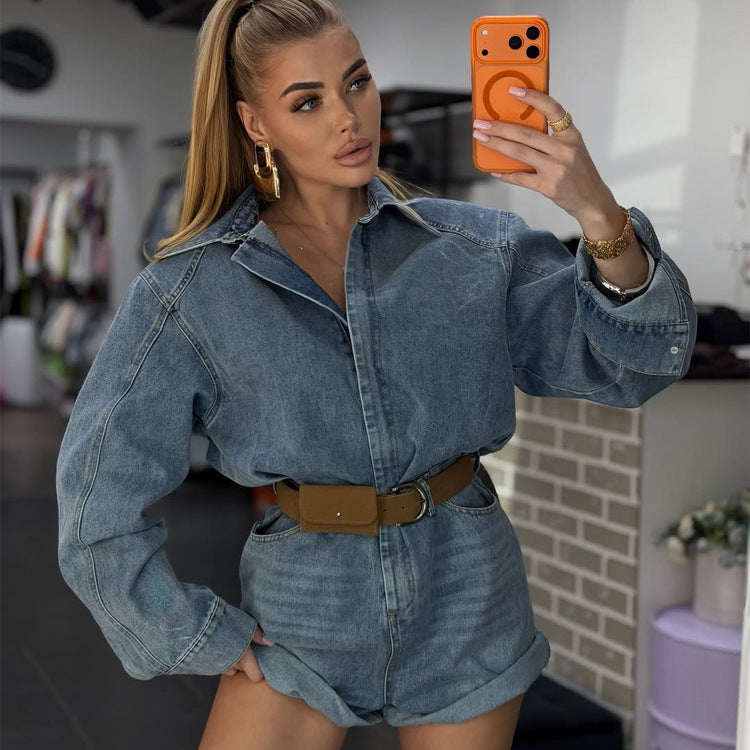 Damen Denim-Shorts-Overall mit kastigem Hemdoberteil und Taillengürtel Shop Nory