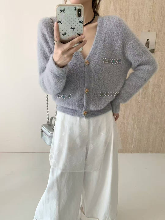 Damen Verspielter V-Ausschnitt Cardigan mit Perlen Shop Nory