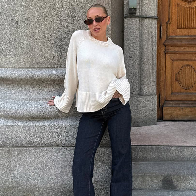 Damen Oversize-Strickpullover mit weitem Rippsaum und Trompetenärmeln Shop Nory