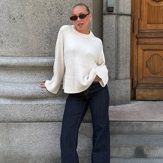 Damen Oversize-Strickpullover mit weitem Rippsaum und Trompetenärmeln Shop Nory