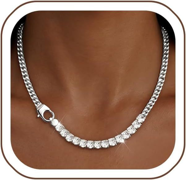 Damen Halskette mit schimmernden Zirkonia und robustem Gliederketten-Design Shop Nory