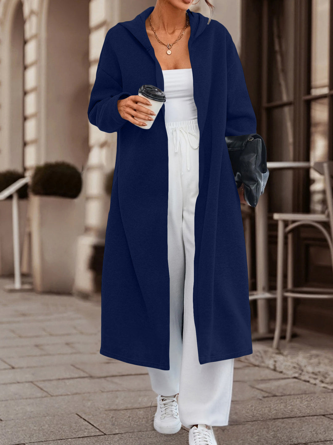 Damen Langer Oversize Kapuzenmantel mit offener Front und weichem Fleece Shop Nory