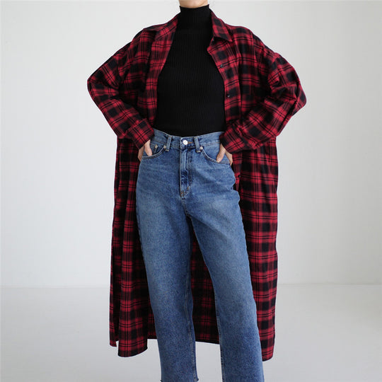Damen Langer kariierter Hemdmantel mit Taillenband und Seitenschlitzen Shop Nory