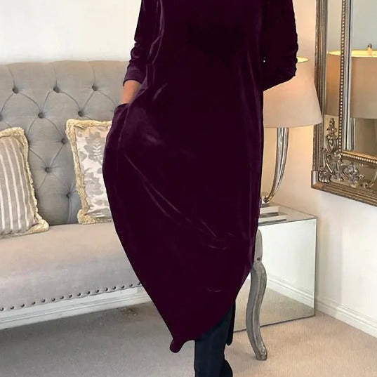 Damen Elegantes Samt Maxi Kleid mit Hohem Rollkragen, Seitentaschen und Lockere Silhouette Shop Nory