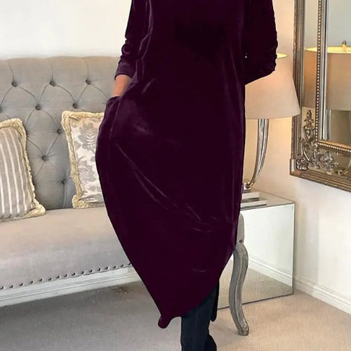 Damen Elegantes Samt Maxi Kleid mit Hohem Rollkragen, Seitentaschen und Lockere Silhouette Shop Nory
