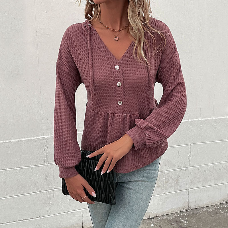 Damen Waffelstrick-Hoodie-Bluse mit V-Ausschnitt, Knopfleiste und geraffter Taillenpasse Shop Nory