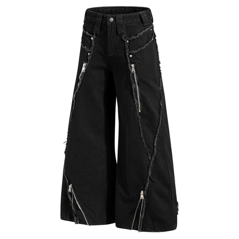 Damen weite Denim-Culotte mit Fransen-Details und Zipper-Akzenten Shop Nory