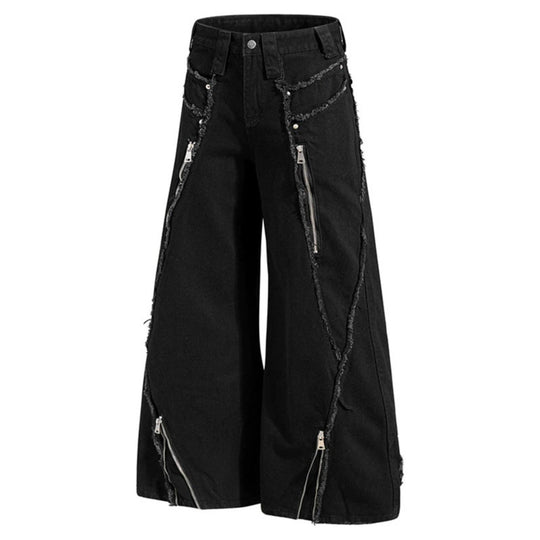 Damen weite Denim-Culotte mit Fransen-Details und Zipper-Akzenten Shop Nory