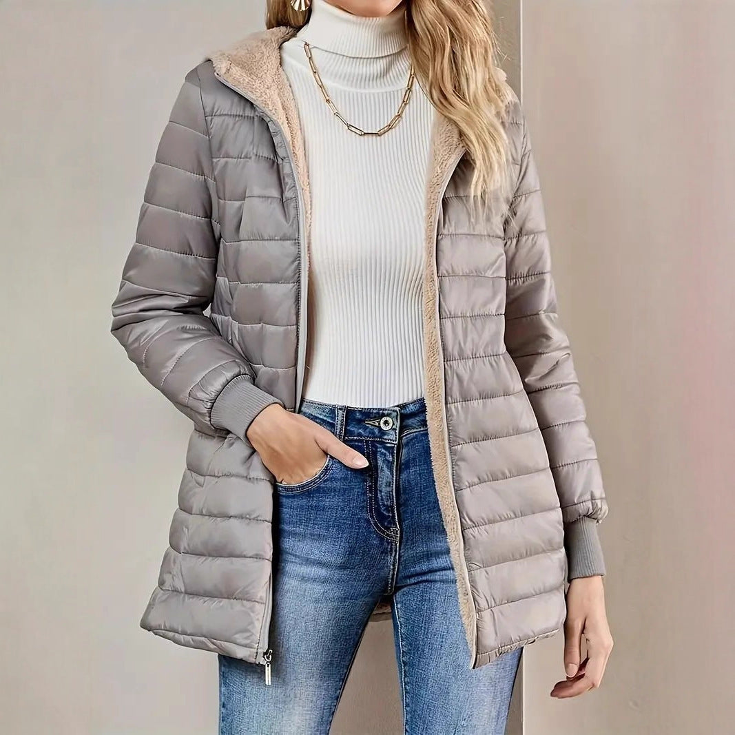 Damen Langer Steppmantel mit Teddyfutter und Kapuze Shop Nory