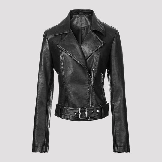 Damen Kurz geschnittene taillierte Leder-Bikerjacke mit Taillengürtel und asymmetrischem Reißverschluss Shop Nory