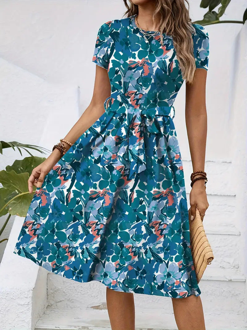 Damen Elegantes Midikleid mit floralem Design und Taillengürtel Shopnory