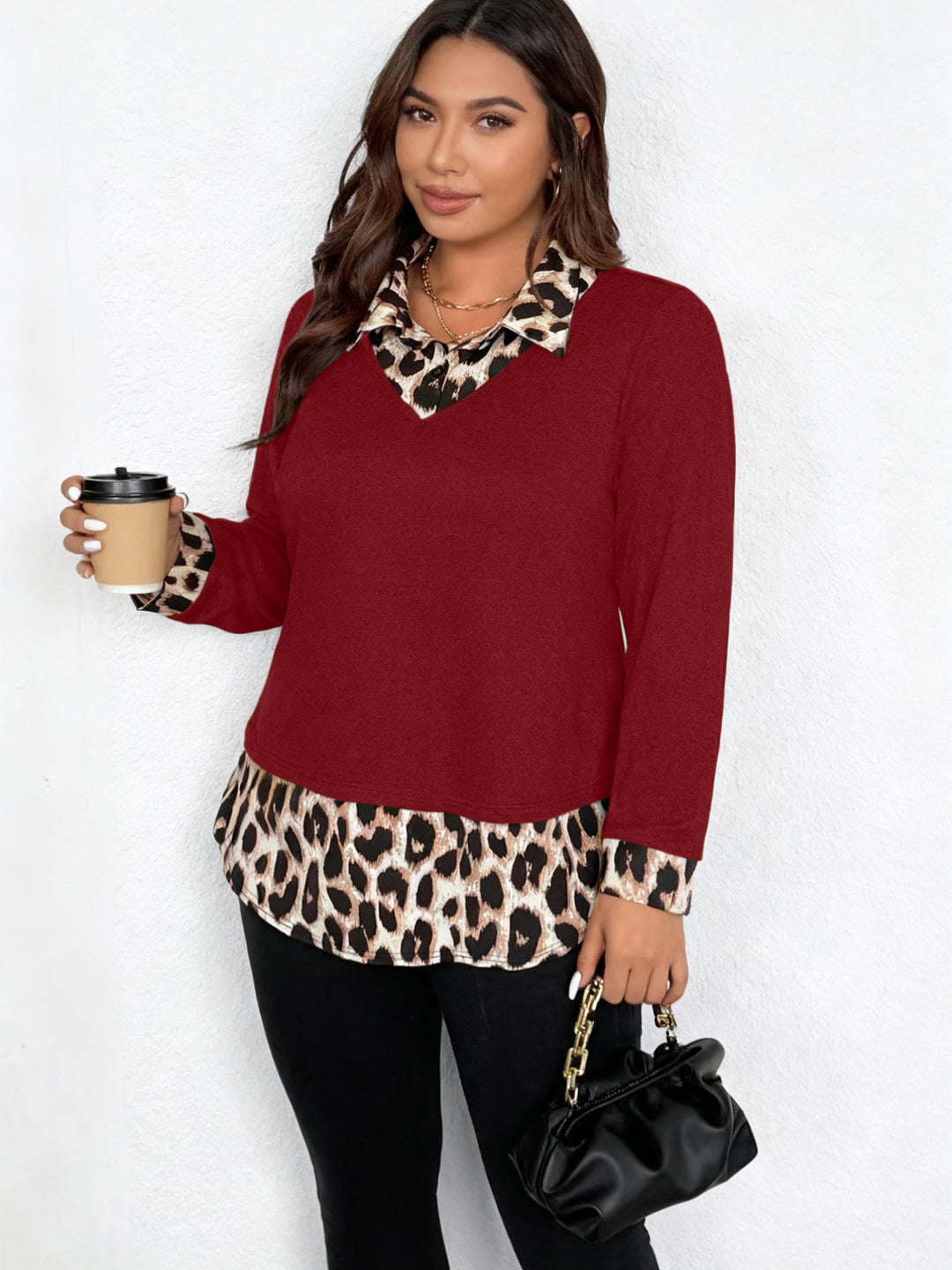 Damen Lagenlook-Pullover mit V-Ausschnitt und Leoprint-Blusen-Einsatz Shop Nory