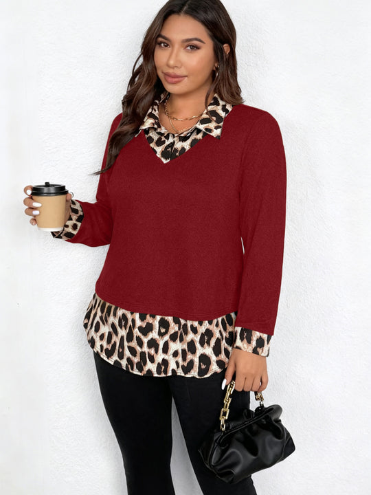 Damen Lagenlook-Pullover mit V-Ausschnitt und Leoprint-Blusen-Einsatz Shop Nory