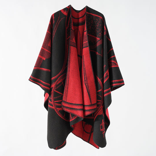 Damen Wollmix-Reversible Cape mit grafischem Jacquard und offenem Kimonofall Shop Nory