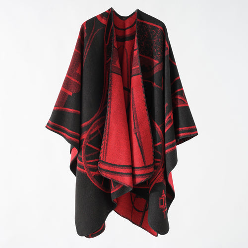 Damen Wollmix-Reversible Cape mit grafischem Jacquard und offenem Kimonofall Shop Nory
