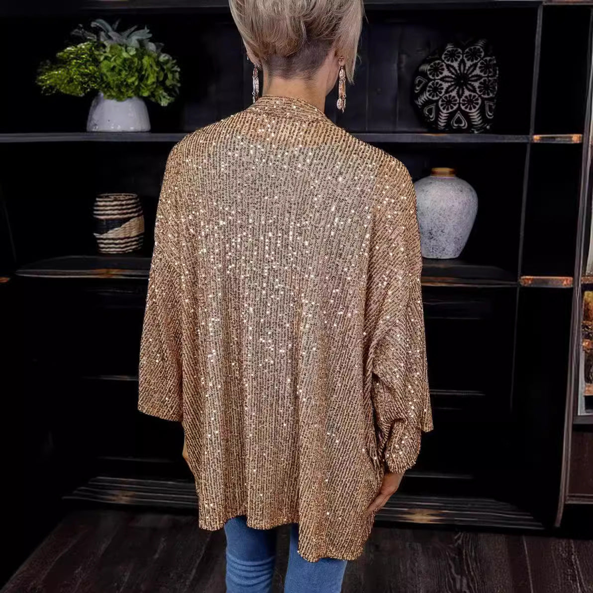 Damen Glamouröse Strickjacke mit Pailletten und lockerer Passform
