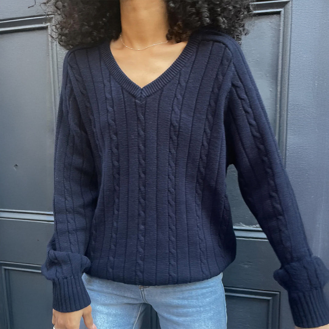 Damen nan feiner Strukturstrick-Pullover mit V‑Neck, Zopfmuster und geripptem Saum Shop Nory