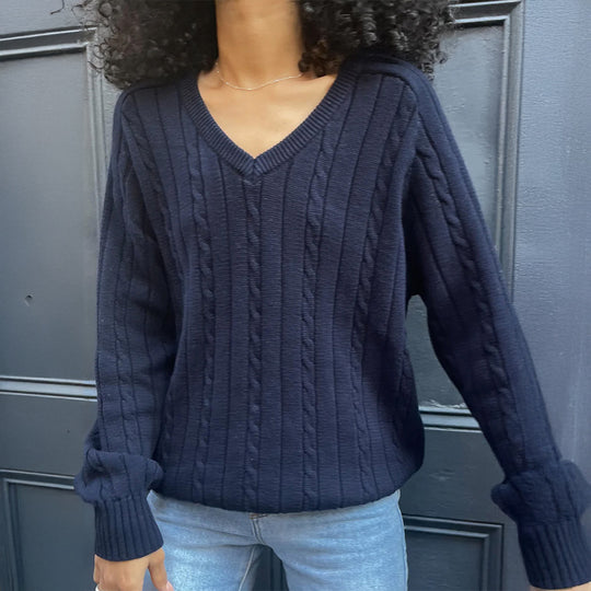 Damen nan feiner Strukturstrick-Pullover mit V‑Neck, Zopfmuster und geripptem Saum Shop Nory