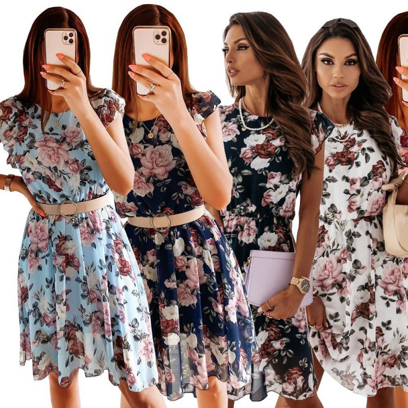 Damen Sommerliches Blumenkleid mit Rüschendetails und Taillengürtel