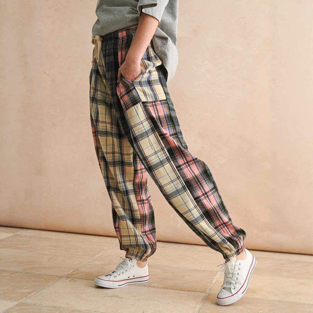 Damen Karierte Komfort-Hose mit elastischem Bund Shopnory