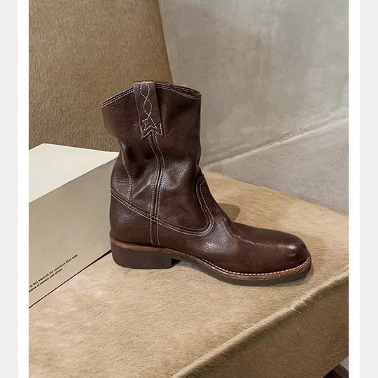 Damen Mid‑Calf Slouch Western‑Stiefel aus Glattleder mit Zuglaschen und profilierter Laufsohle Shop Nory